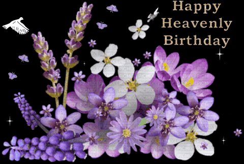 A Happy Heavenly Birthday Card With Purple And White Flowers On A Black Background GIF