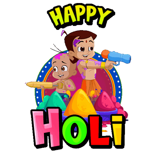 A Happy Holi Greeting Card With A Boy And A Girl Holding Water Guns GIF