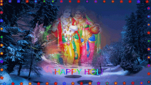A Happy Holi Greeting Card With Krishna And Radha In The Background GIF