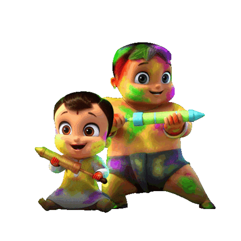 A Happy Holi Greeting Card With Two Babies Playing With Colored Powder GIF
