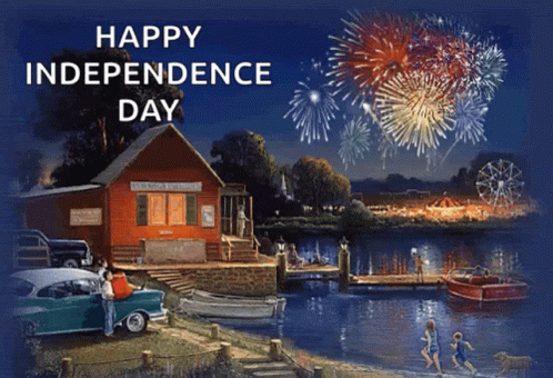 a happy independence day greeting card with a painting of a lake