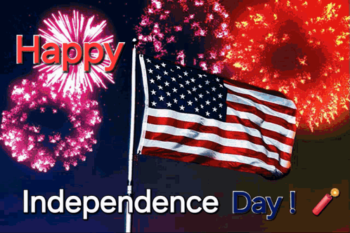 A Happy Independence Day Greeting With A Flag And Fireworks GIF
