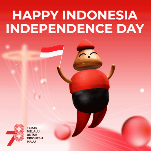 A Happy Indonesia Independence Day Poster With A Cartoon Character GIF