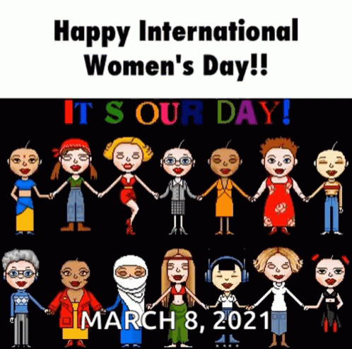 A Happy International Women 'S Day Greeting With Cartoon Characters Holding Hands GIF