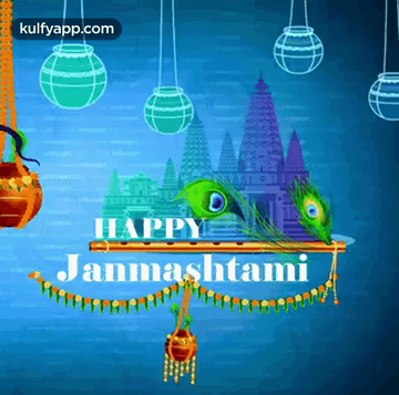 A Happy Janmashtami Greeting Card With A Peacock Feather And A Flute GIF