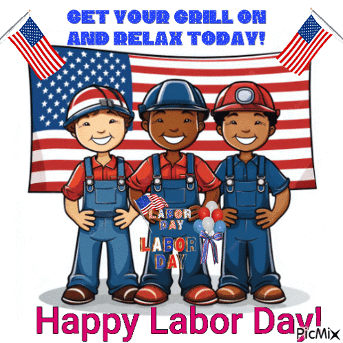 A Happy Labor Day Greeting Card With Three Construction Workers And An American Flag GIF