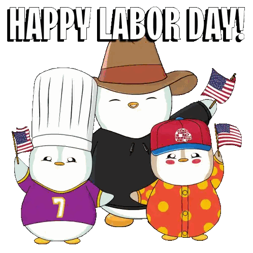 a happy labor day greeting with three penguins