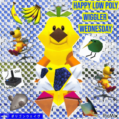 A Happy Low Poly Wiggler Wednesday Greeting Card With Cartoon Characters GIF