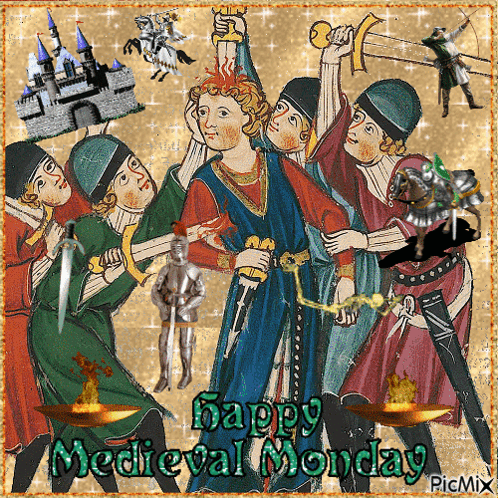 A Happy Medieval Monday Greeting Card With A Picture Of A Man Holding A Sword GIF