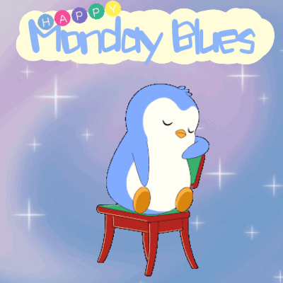 A Happy Monday Blues Poster With A Penguin Wearing A Hat GIF