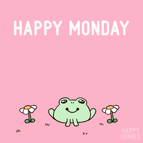 A Happy Monday Card With A Frog And Two Flowers GIF