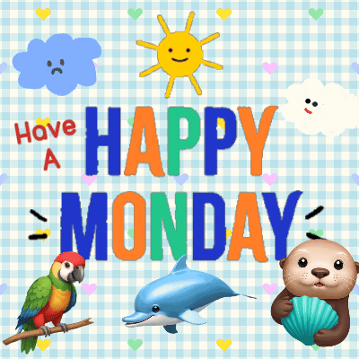 A Happy Monday Card With A Parrot Dolphin And Otter GIF