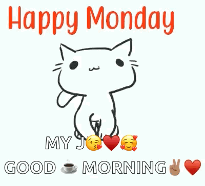 A Happy Monday Greeting Card With A Cat Dancing And A Cup Of Coffee GIF