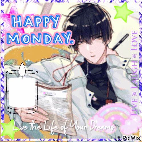 a happy monday greeting card with a man holding a candle and a newspaper