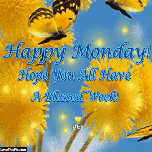 A Happy Monday Greeting Card With Butterflies And Yellow Flowers GIF