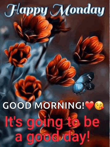 A Happy Monday Greeting Card With Flowers And A Butterfly On It . GIF