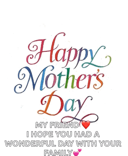A Happy Mother 'S Day Card With Hearts And The Words " My Friend I Hope You Had A Wonderful Day With Your Family " . GIF