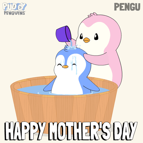 A Happy Mother 'S Day Card With Two Penguins In A Wooden Tub GIF