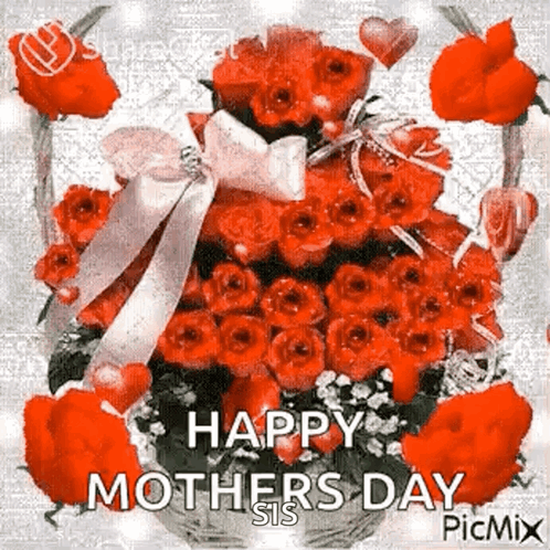 A Happy Mother 'S Day Greeting Card With A Basket Of Red Roses And Hearts . GIF