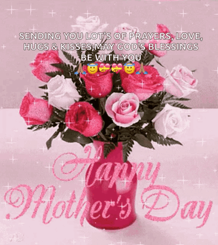 A Happy Mother 'S Day Greeting Card With A Vase Of Pink Roses GIF