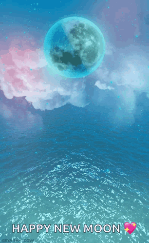 A Happy New Moon Greeting With A Full Moon In The Sky Above The Ocean GIF