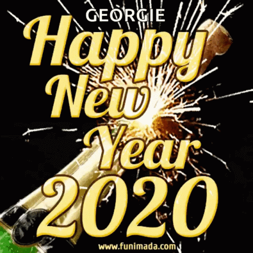 A Happy New Year 2020 Greeting Card With A Bottle Of Champagne And Fireworks GIF