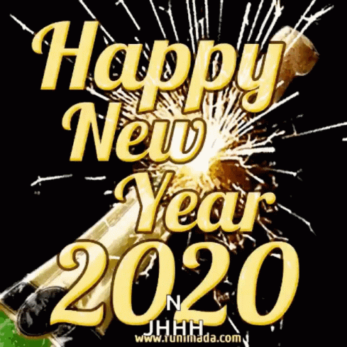 A Happy New Year 2020 Greeting Card With A Bottle Of Champagne In The Foreground GIF