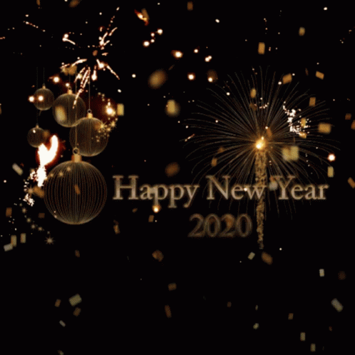 A Happy New Year 2020 Greeting Card With Fireworks And Confetti GIF