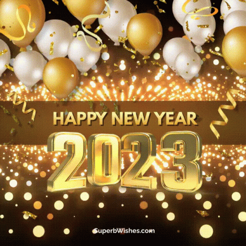 Happy New Year 2023 Card With Balloons And Fireworks GIF