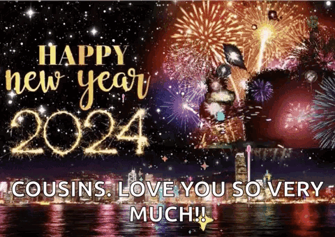 A Happy New Year 2024 Greeting Card With Fireworks And The Statue Of Liberty In The Background GIF