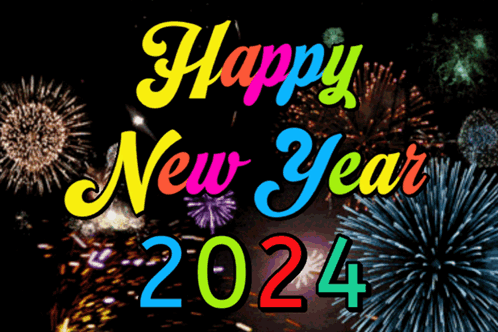 A Happy New Year 2024 Sign With Fireworks Behind It GIF