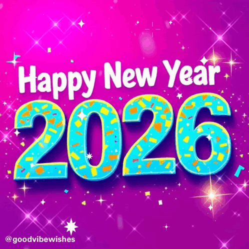 A Happy New Year 2026 Greeting Card With Confetti And Stars GIF