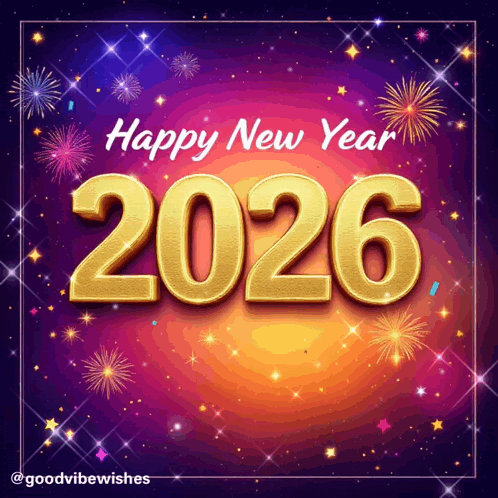 A Happy New Year 2026 Greeting With Fireworks In The Background GIF
