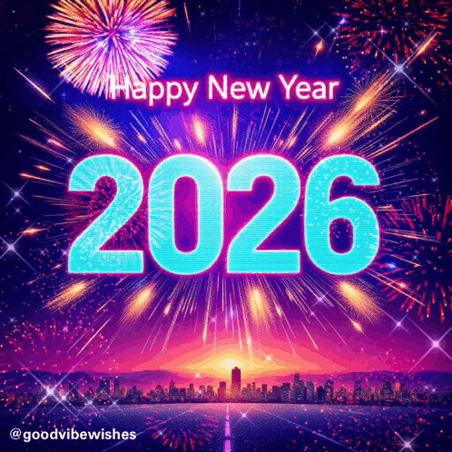 A Happy New Year 2026 Poster With Fireworks Behind It GIF