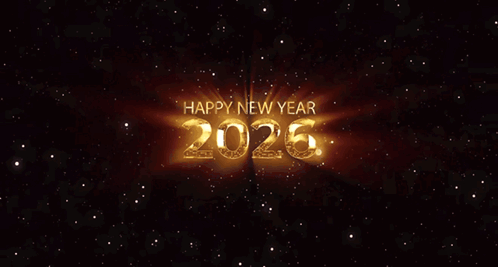 A Happy New Year 2026 Sign With Fireworks Behind It GIF