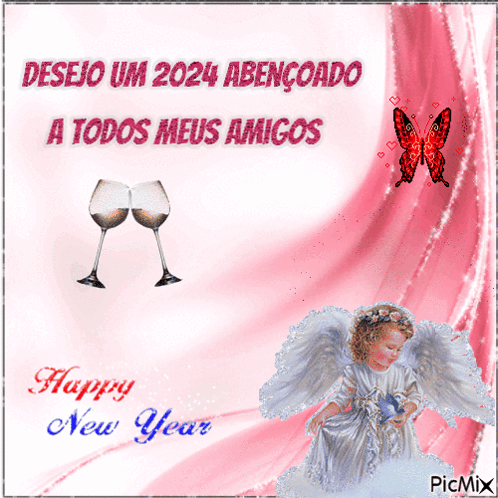 A Happy New Year Card With A Picture Of An Angel And Wine Glasses GIF