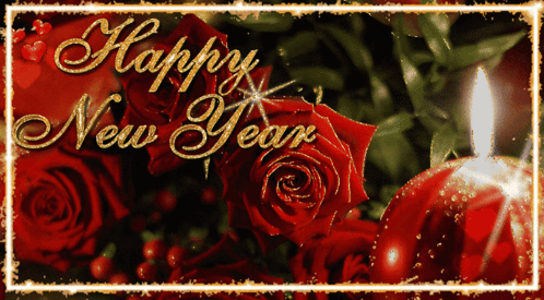Happy New Year Card With Red Roses And Candle GIF