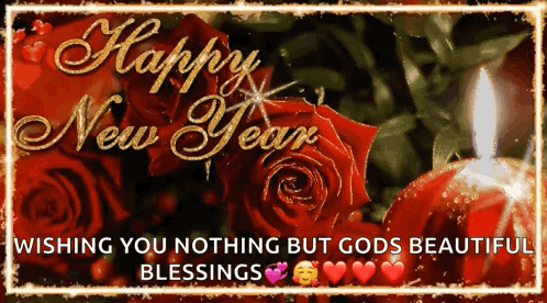 A Happy New Year Card With Red Roses And Candles GIF