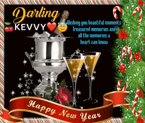 A Happy New Year Card With Two Glasses Of Champagne GIF