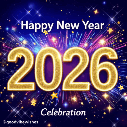 A Happy New Year Celebration Poster With Fireworks And The Year 2026 GIF