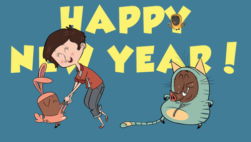 Happy New Year Card With Boy And Animals GIF