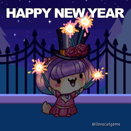 A Happy New Year Greeting Card With A Cartoon Character Holding Sparklers GIF