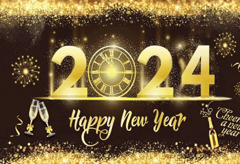 A Happy New Year Greeting Card With A Clock And Champagne GIF