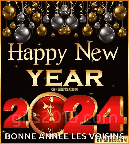 A Happy New Year Greeting Card With A Clock And Christmas Balls On A Black Background GIF