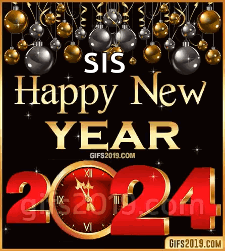 A Happy New Year Greeting Card With A Clock And Christmas Decorations GIF