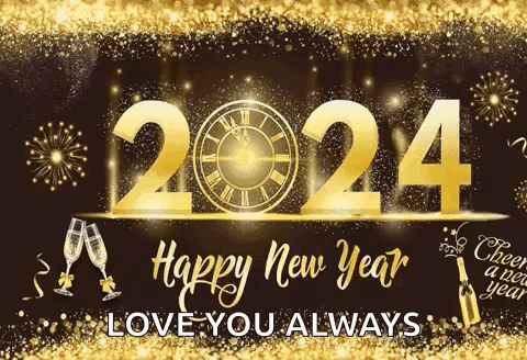 A Happy New Year Greeting Card With A Clock In The Background GIF