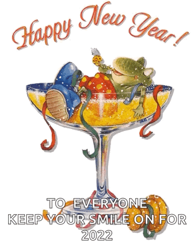A Happy New Year Greeting Card With A Frog In A Champagne Glass GIF