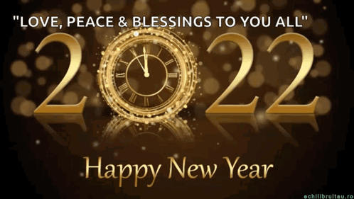A Happy New Year Greeting Card With A Gold Clock And The Words " Love Peace & Blessings To You All " GIF
