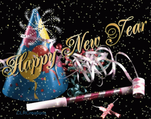 A Happy New Year Greeting Card With A Party Hat And A Party Horn GIF