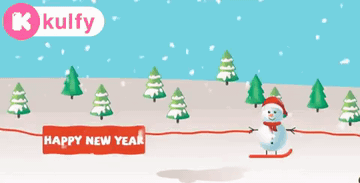 A Happy New Year Greeting Card With A Person Skiing Down A Snowy Hill GIF